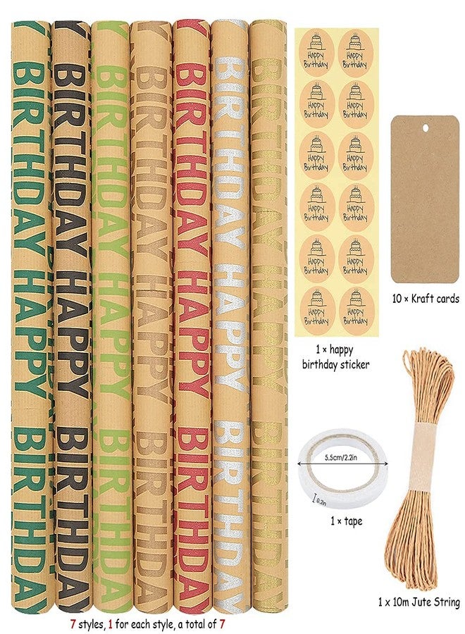 Geluode Happy Birthday Wrapping Paper For Men Boys Women Adults Kids Girls, Gift Wrapping Paper Recycled Multipack (7 Sheets,20 x 28 inches per sheet,27 Sq.ft. ttl.,) W/ 10 Gift Tags Jute Twine Tape Stickers - Image 2